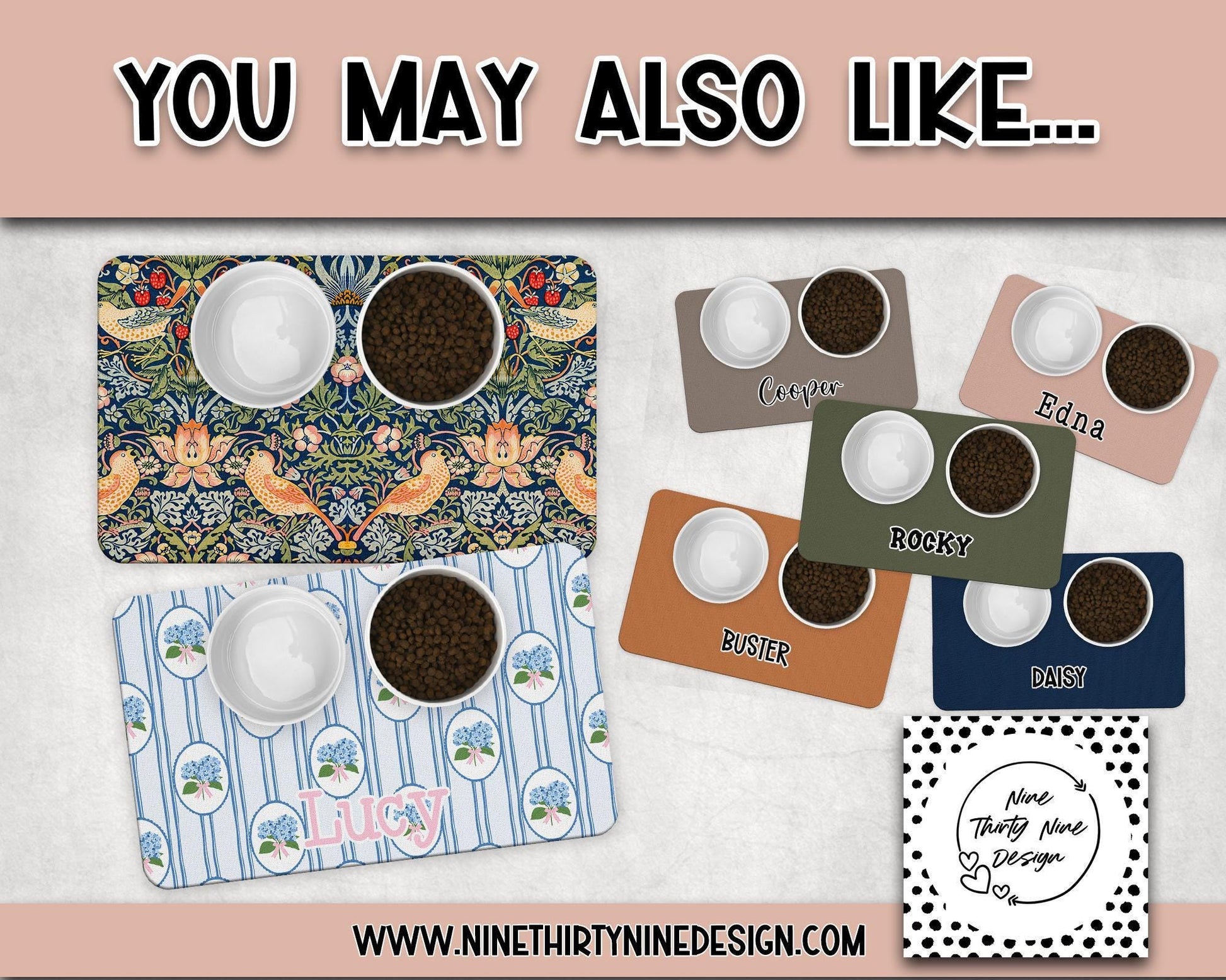 Personalized Dog Food Mat - William Morris Blue Floral Pet Placemat for Puppy or Cat Pet Mats