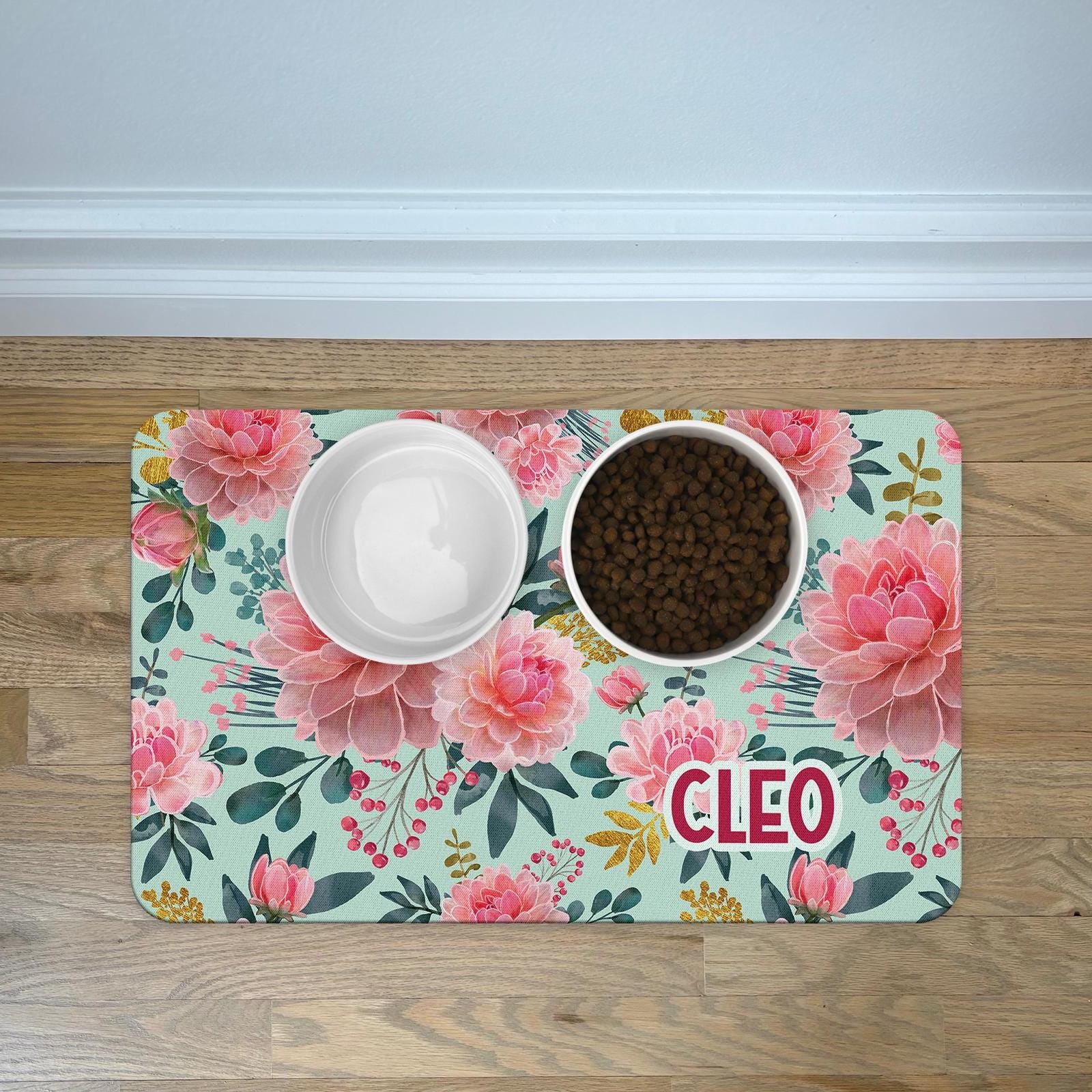 Personalized Pet Food Mat in Preppy Peony Pattern Pet Mats