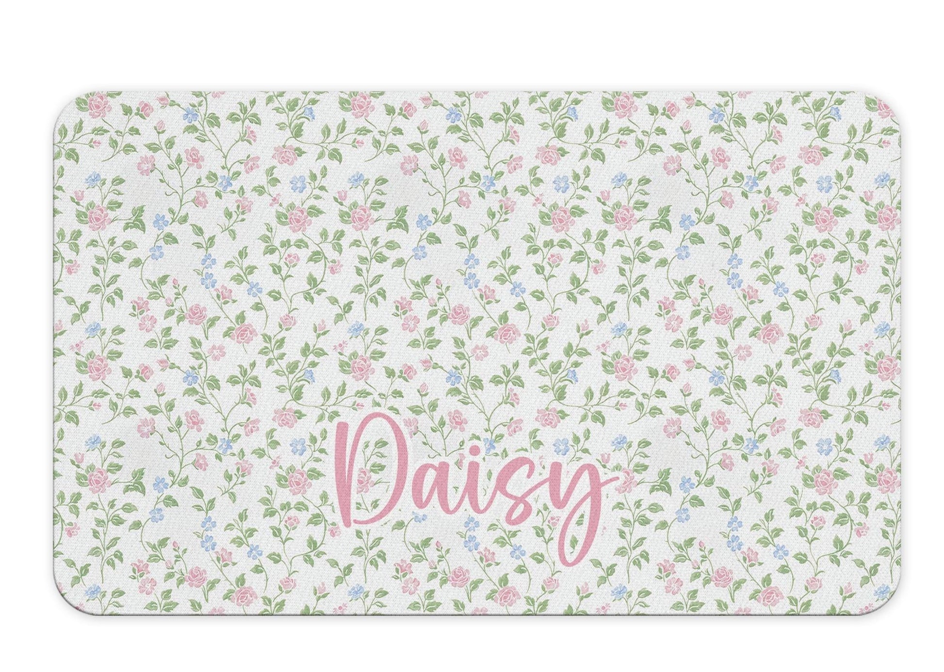 Personalized Dog Food Mat with Blue Hydrangea and Coquette Bow Patterns 