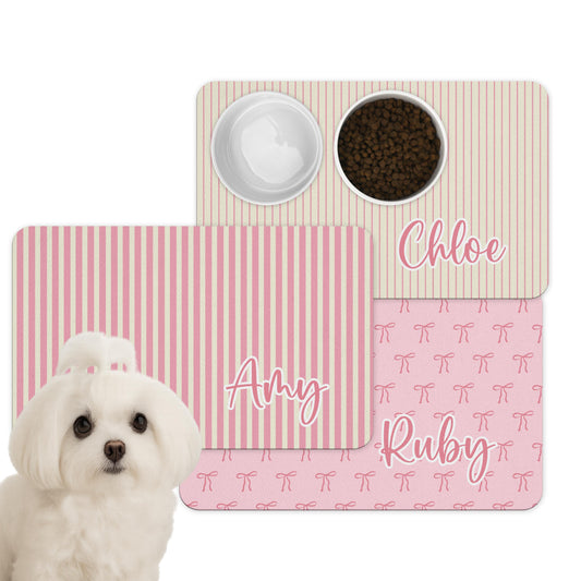 Personalized Pet Food Mat with Pink Coquette Bows and Stripes 