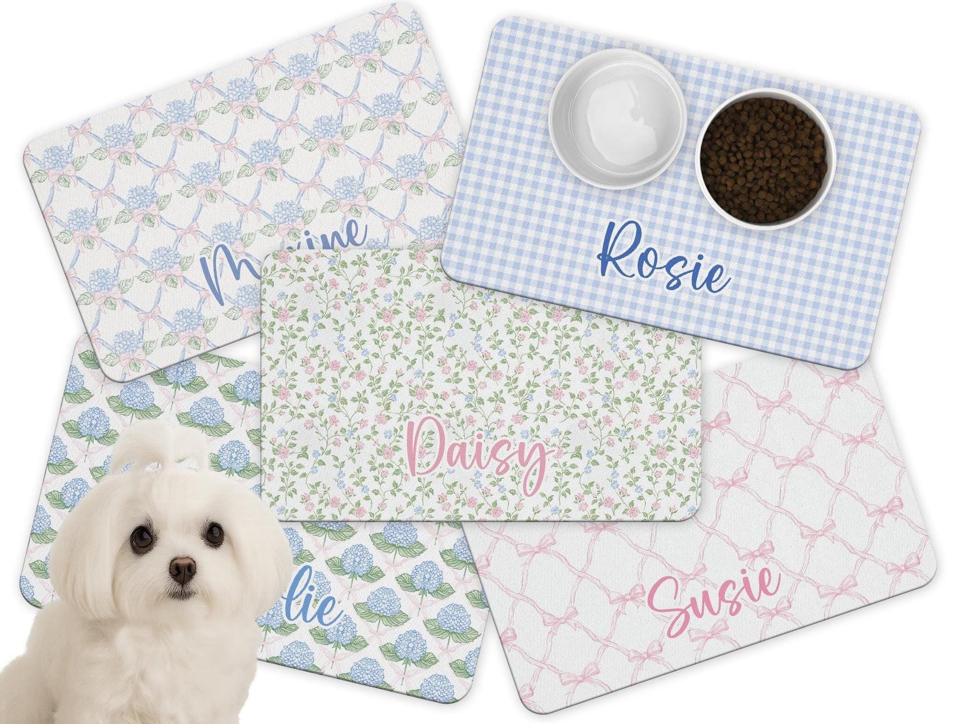 Personalized Dog Food Mat with Blue Hydrangea and Coquette Bow Patterns 