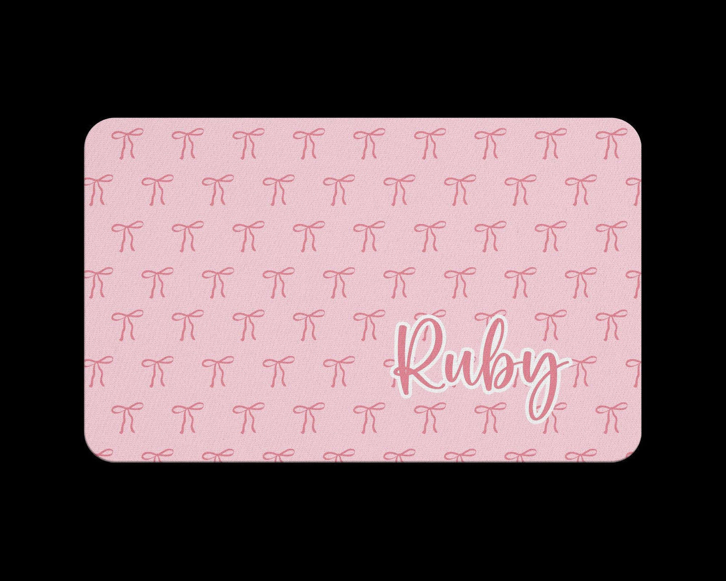 Personalized Pet Food Mat with Pink Coquette Bows and Stripes 