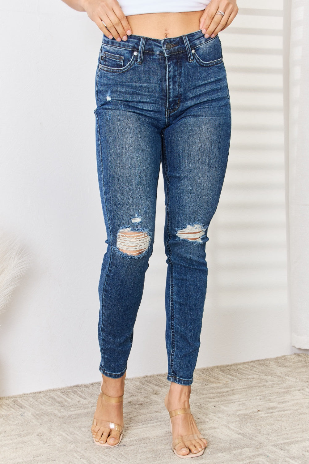 Judy Blue Full Size Mid Waist Distressed Slim Jeans - Premium  - Just $69.28! Shop now at Nine Thirty Nine Design