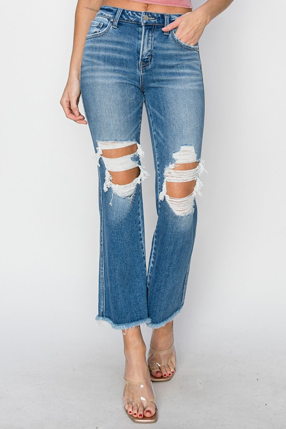 RISEN Mid Rise Distressed Cropped Flare Jeans - Premium  - Just $63.62! Shop now at Nine Thirty Nine Design