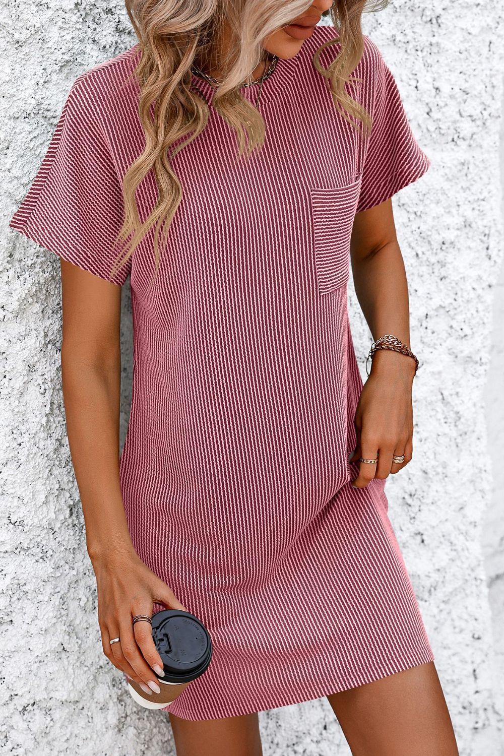 Ribbed Striped Short Sleeve Mini Tee Dress 