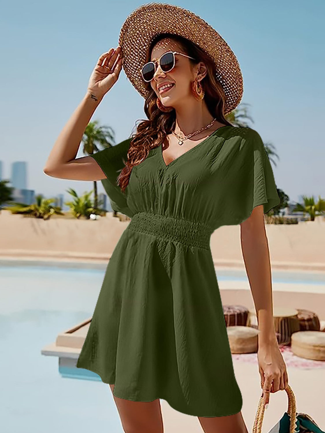 Smocked V-Neck Short Sleeve Dress 