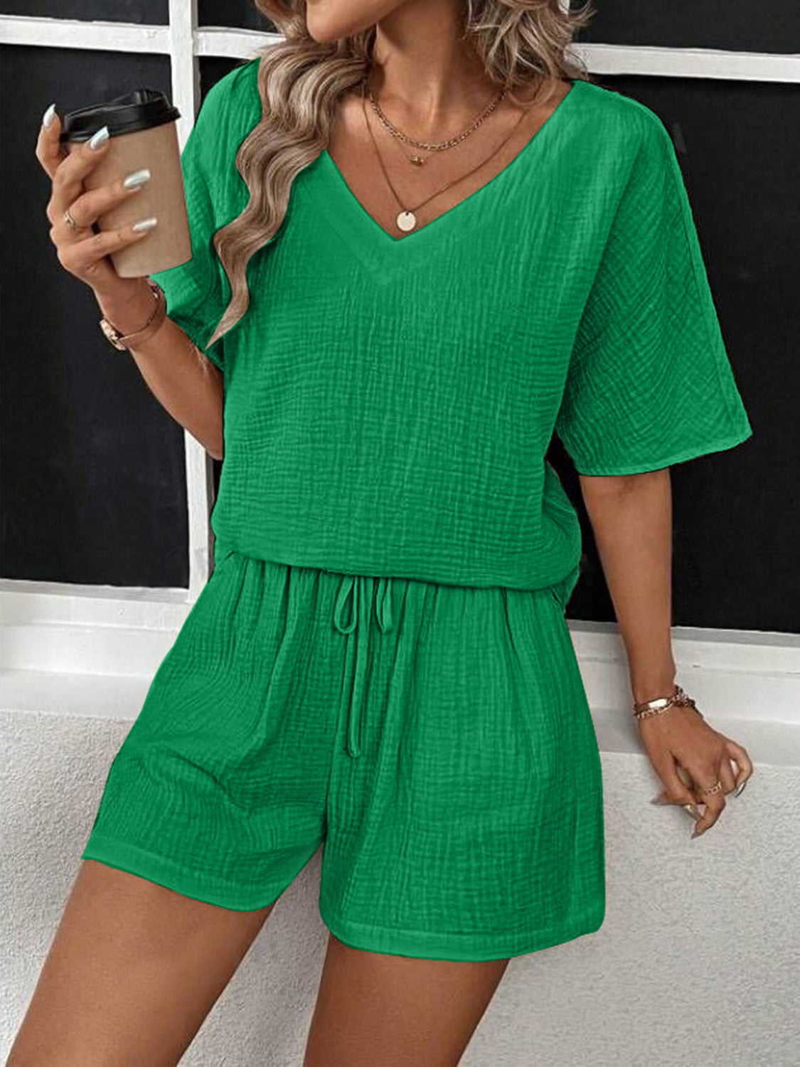 V-Neck Half Sleeve Top and Shorts Set - Premium  - Just $28! Shop now at Nine Thirty Nine Design