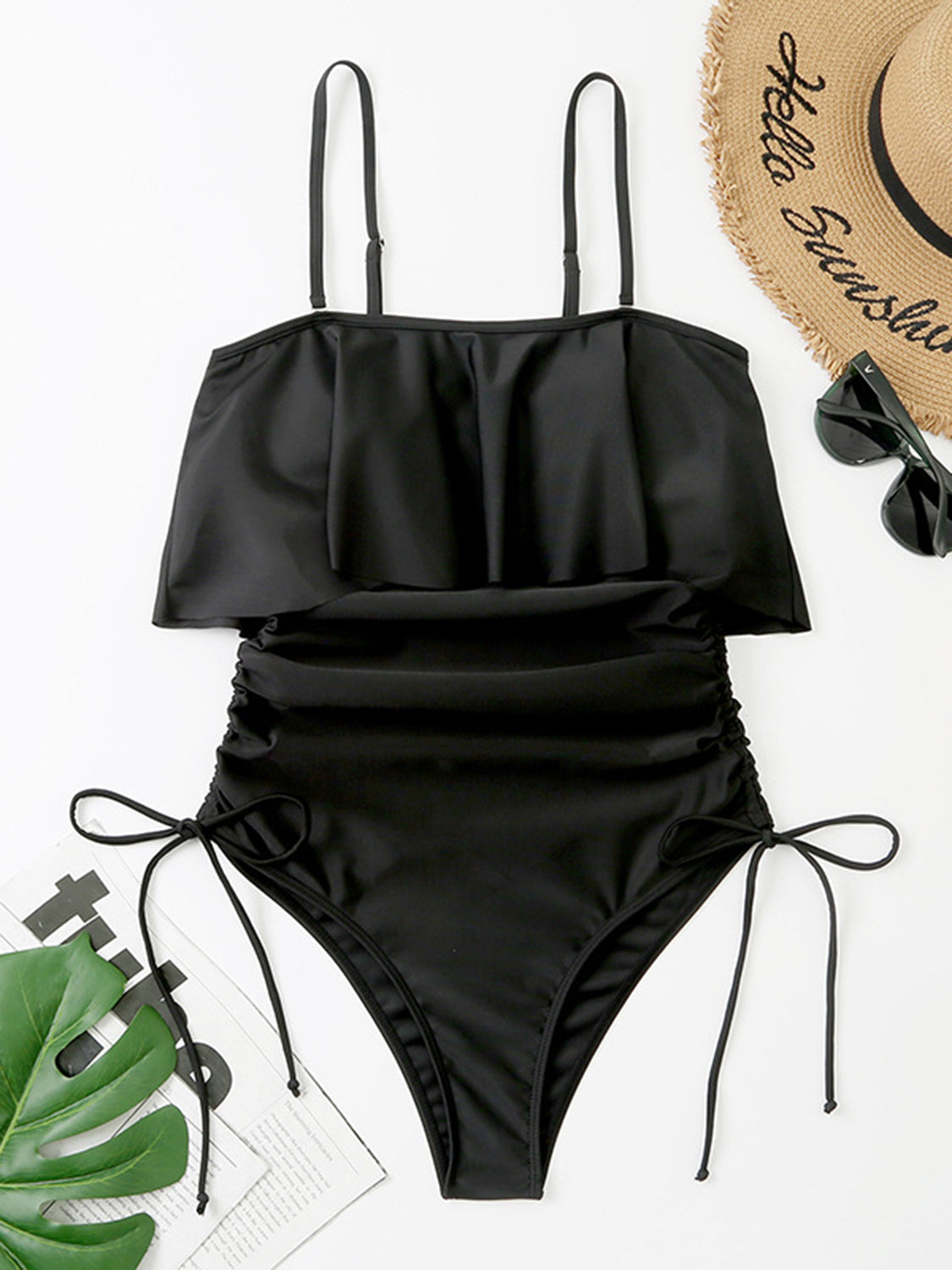 Drawstring Layered Spaghetti Strap One-Piece Swimwear - Premium  - Just $26! Shop now at Nine Thirty Nine Design