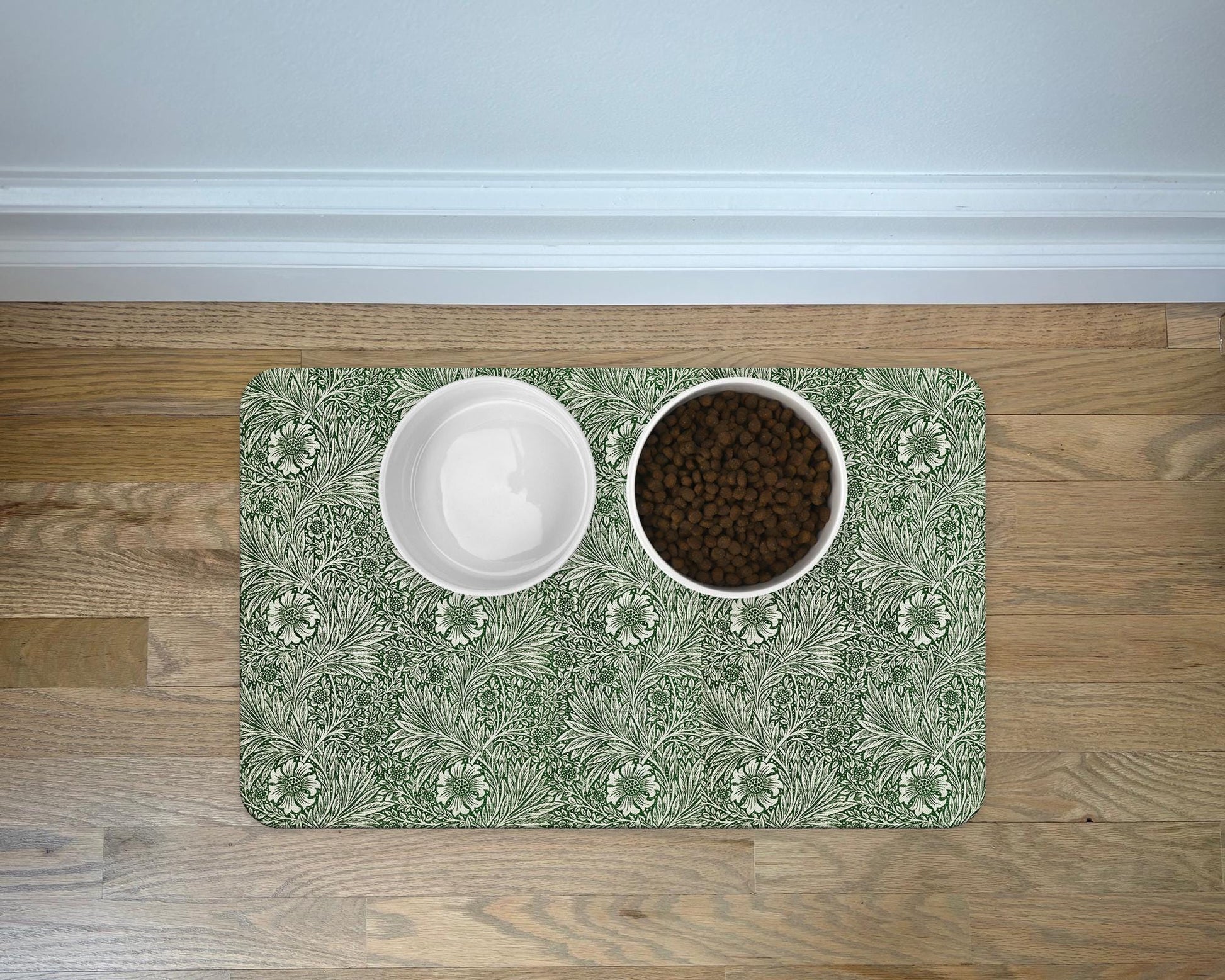 Personalized Dog Food Mat with William Morris Green Pattern Pet Mats