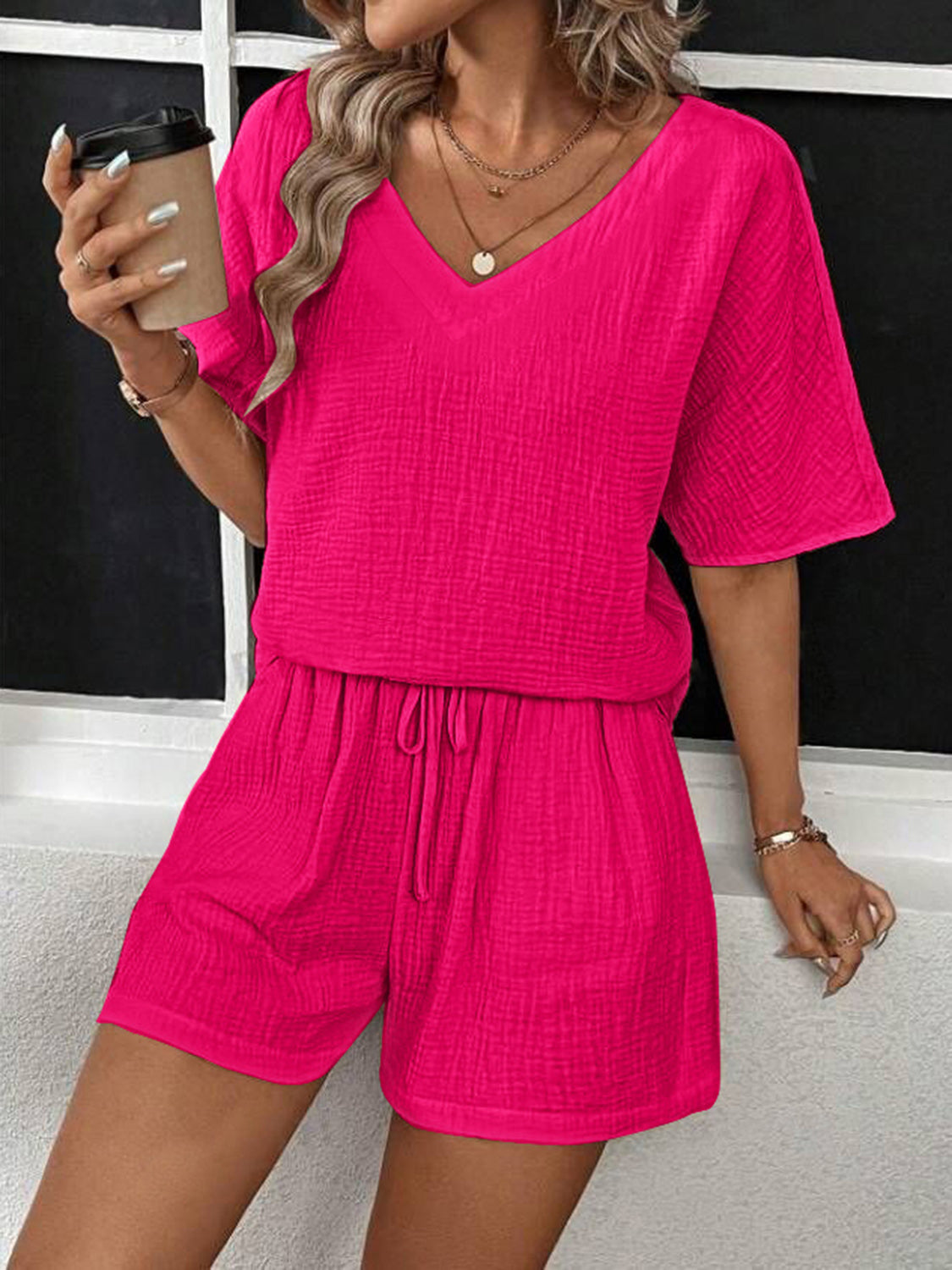 V-Neck Half Sleeve Top and Shorts Set - Premium  - Just $28! Shop now at Nine Thirty Nine Design