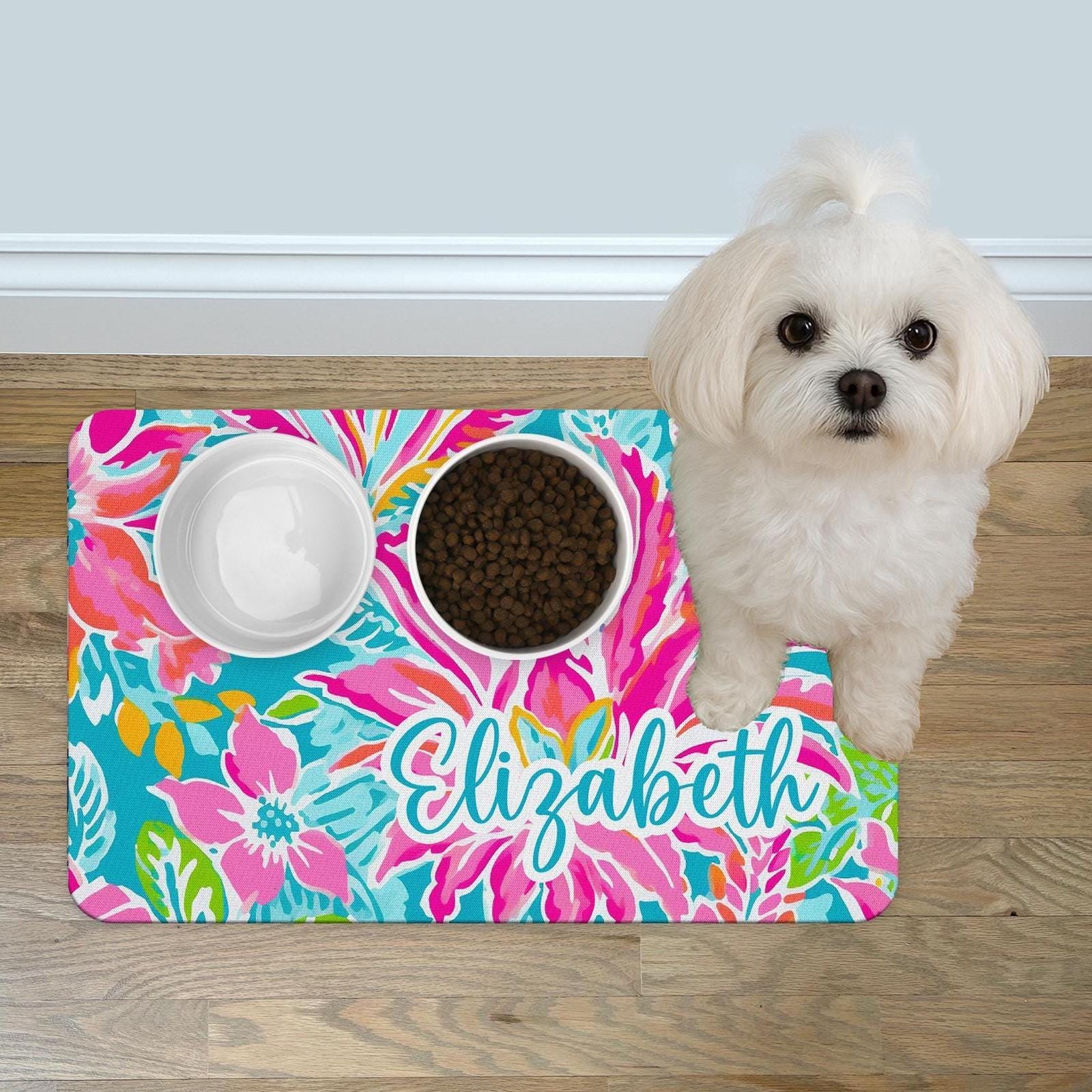 Personalized Preppy Floral Pet Food Mat 