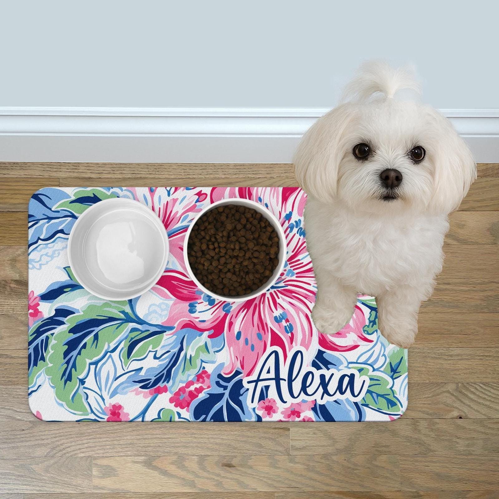 Personalized Preppy Floral Pet Food Mat 