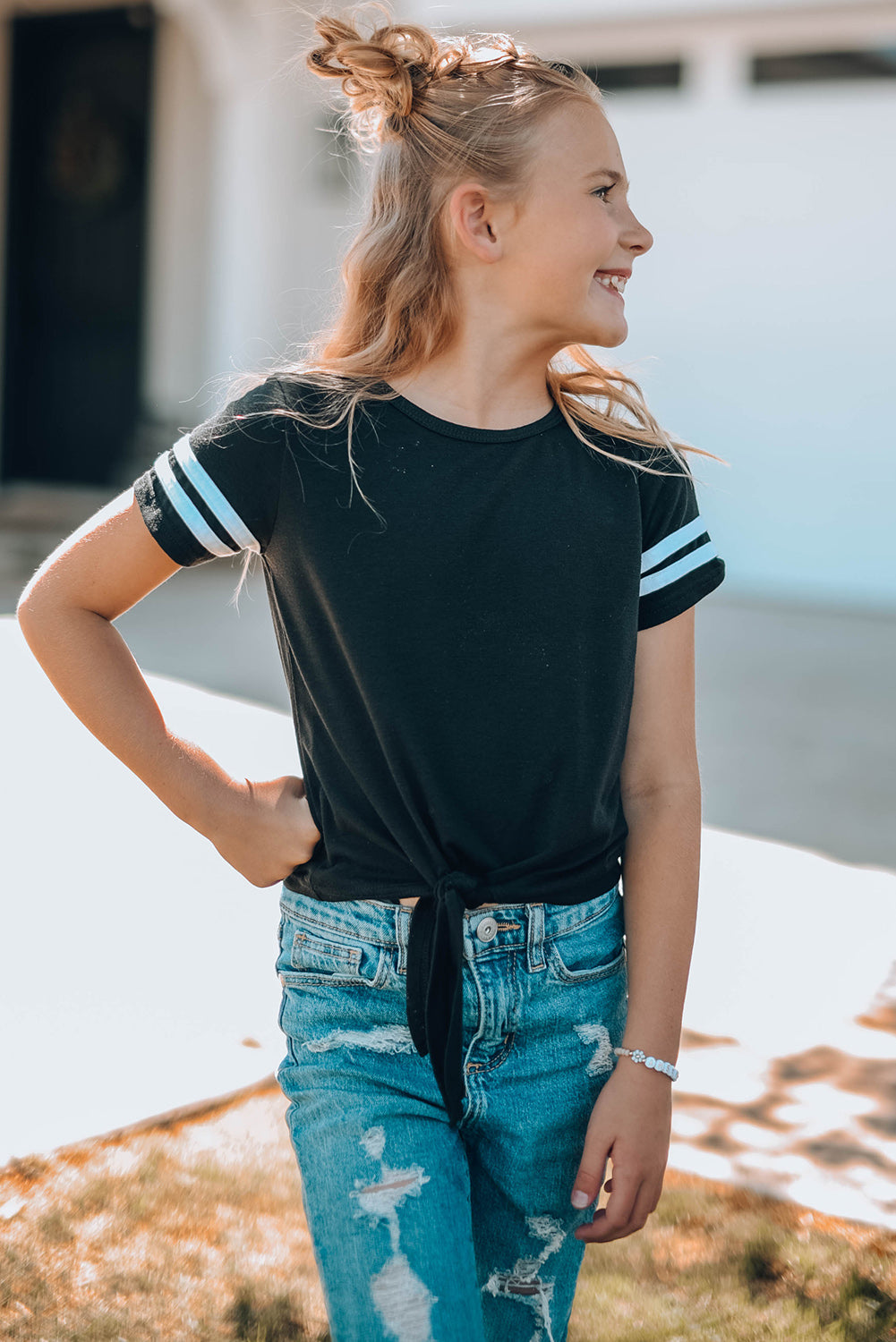 Girls Striped Tie Front T-Shirt 