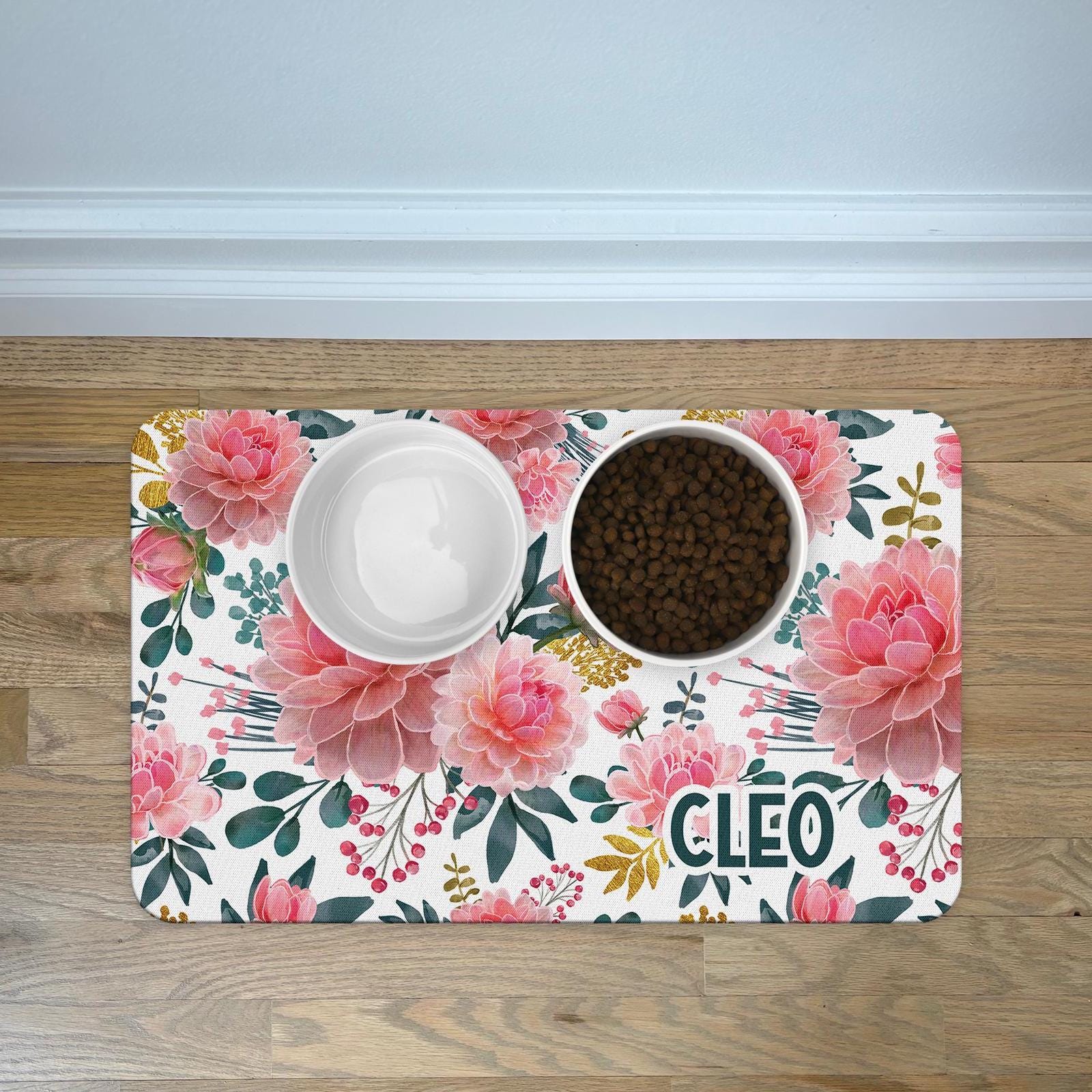 Personalized Pet Food Mat in Preppy Peony Pattern Pet Mats