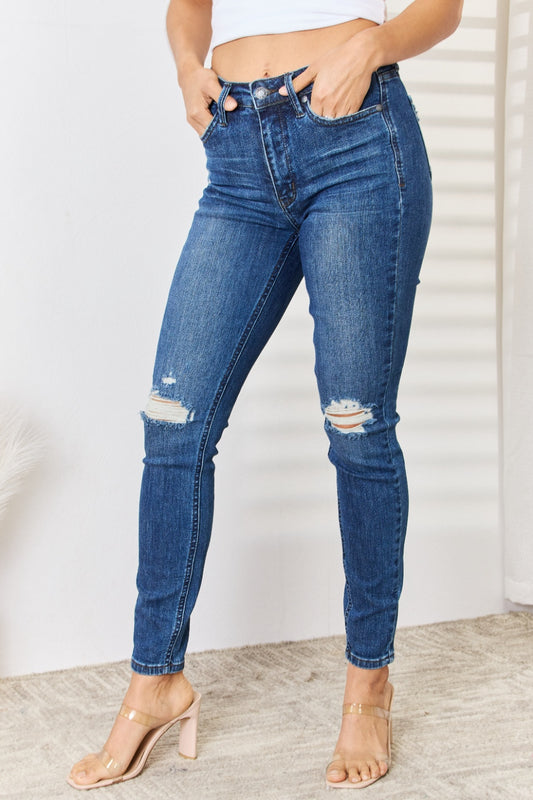 Judy Blue Full Size Mid Waist Distressed Slim Jeans - Premium  - Just $69.28! Shop now at Nine Thirty Nine Design