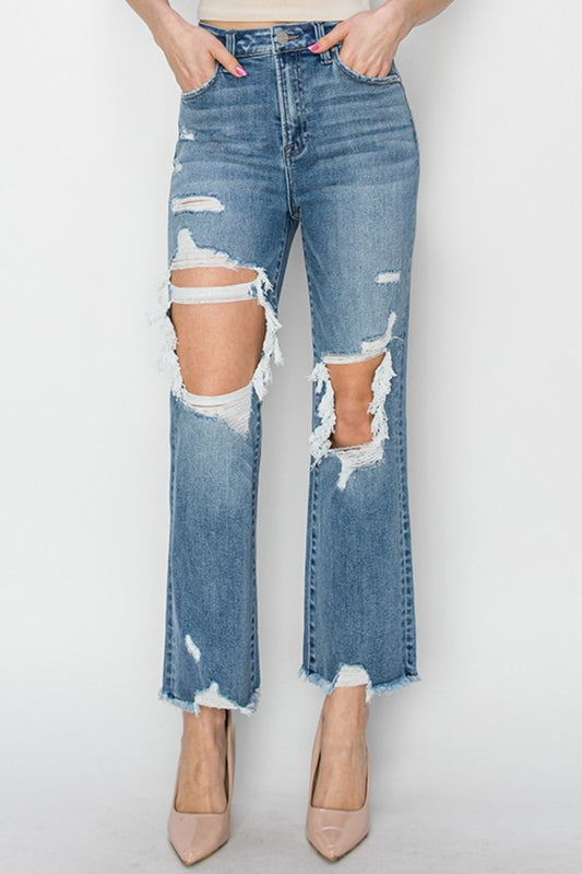 RISEN High Rise Distressed Crop Straight Jeans - Premium  - Just $58.26! Shop now at Nine Thirty Nine Design