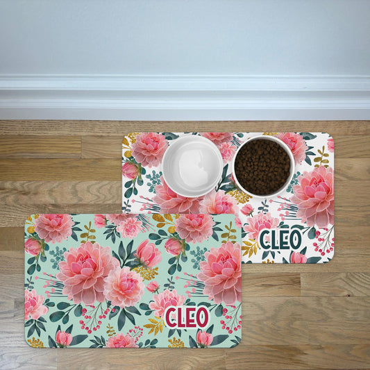Personalized Pet Food Mat in Preppy Peony Pattern Pet Mats