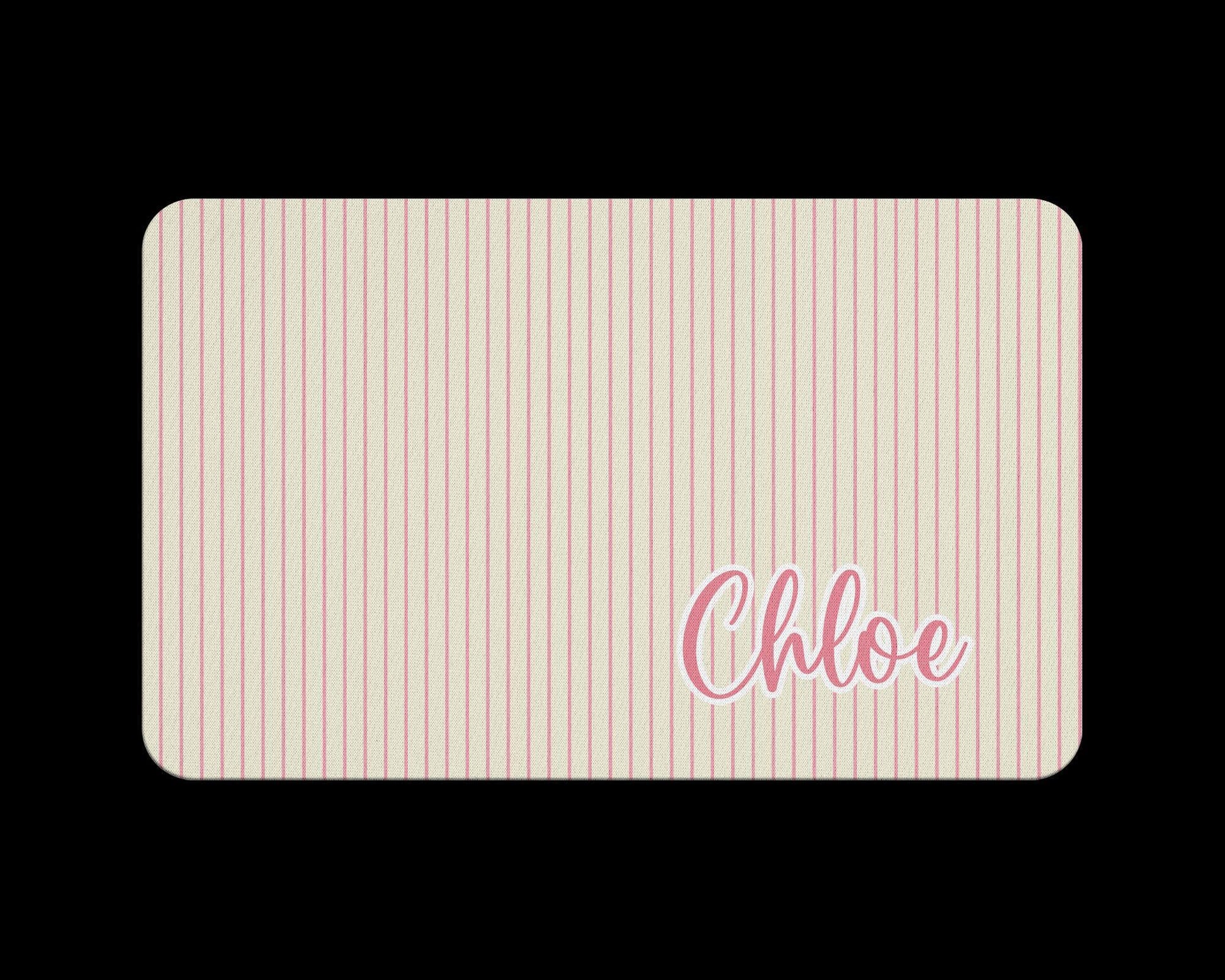Personalized Pet Food Mat with Pink Coquette Bows and Stripes 