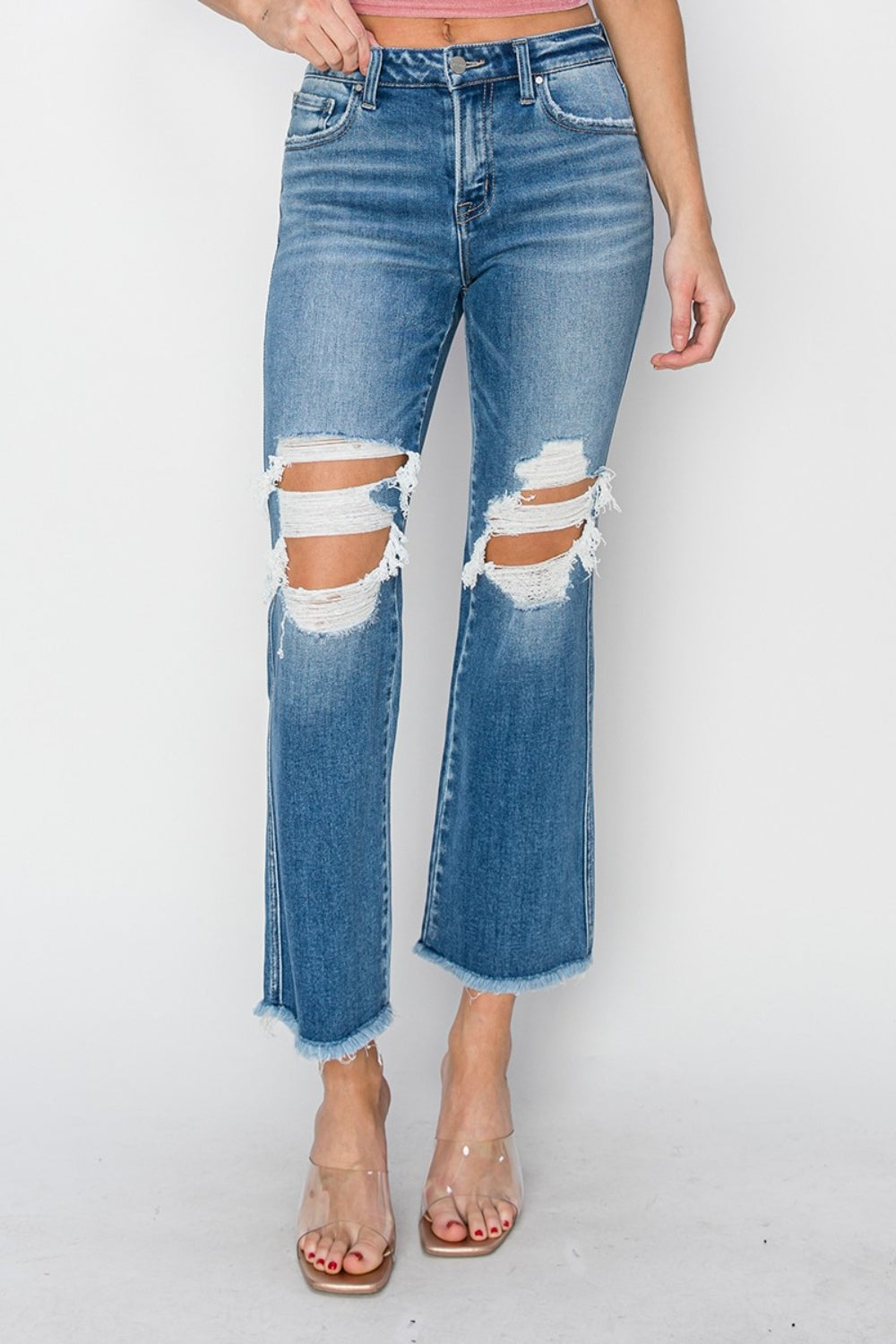 RISEN Mid Rise Distressed Cropped Flare Jeans - Premium  - Just $63.62! Shop now at Nine Thirty Nine Design