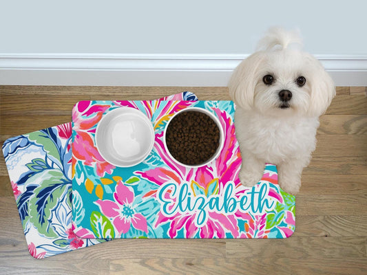 Personalized Preppy Floral Pet Food Mat 