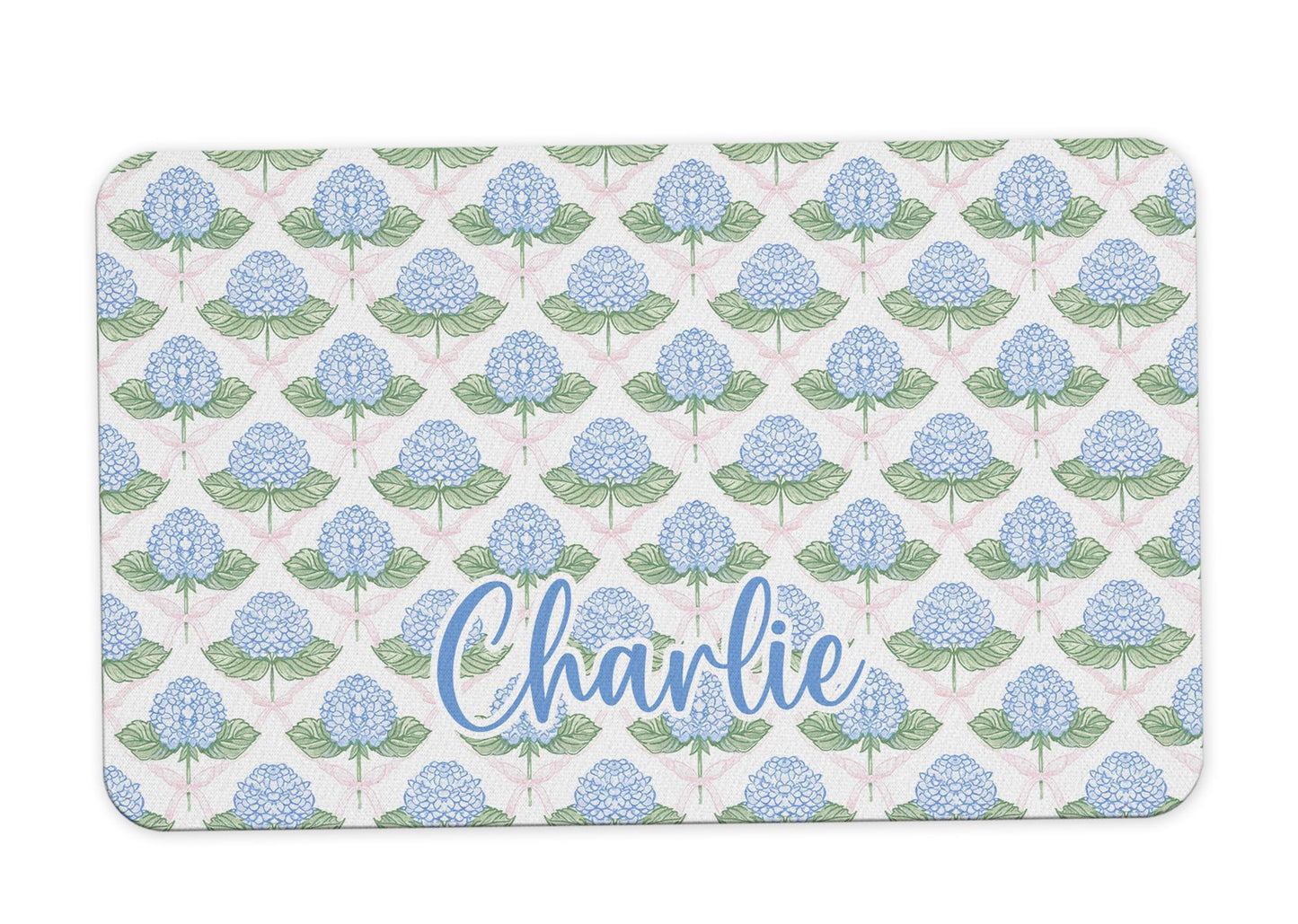 Personalized Dog Food Mat with Blue Hydrangea and Coquette Bow Patterns 