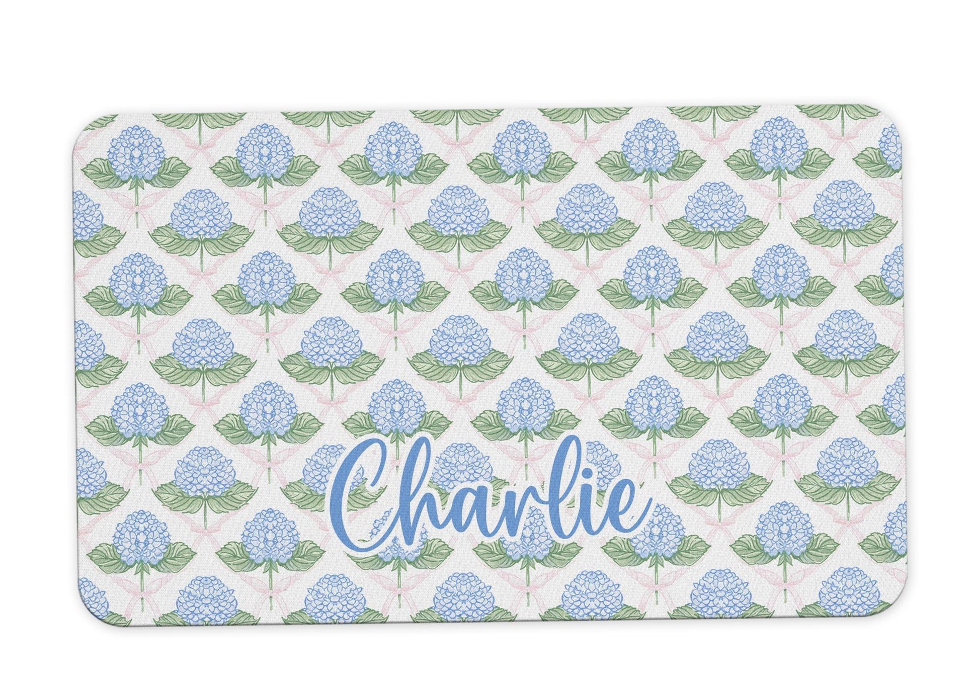 Personalized Dog Food Mat with Blue Hydrangea and Coquette Bow Patterns 