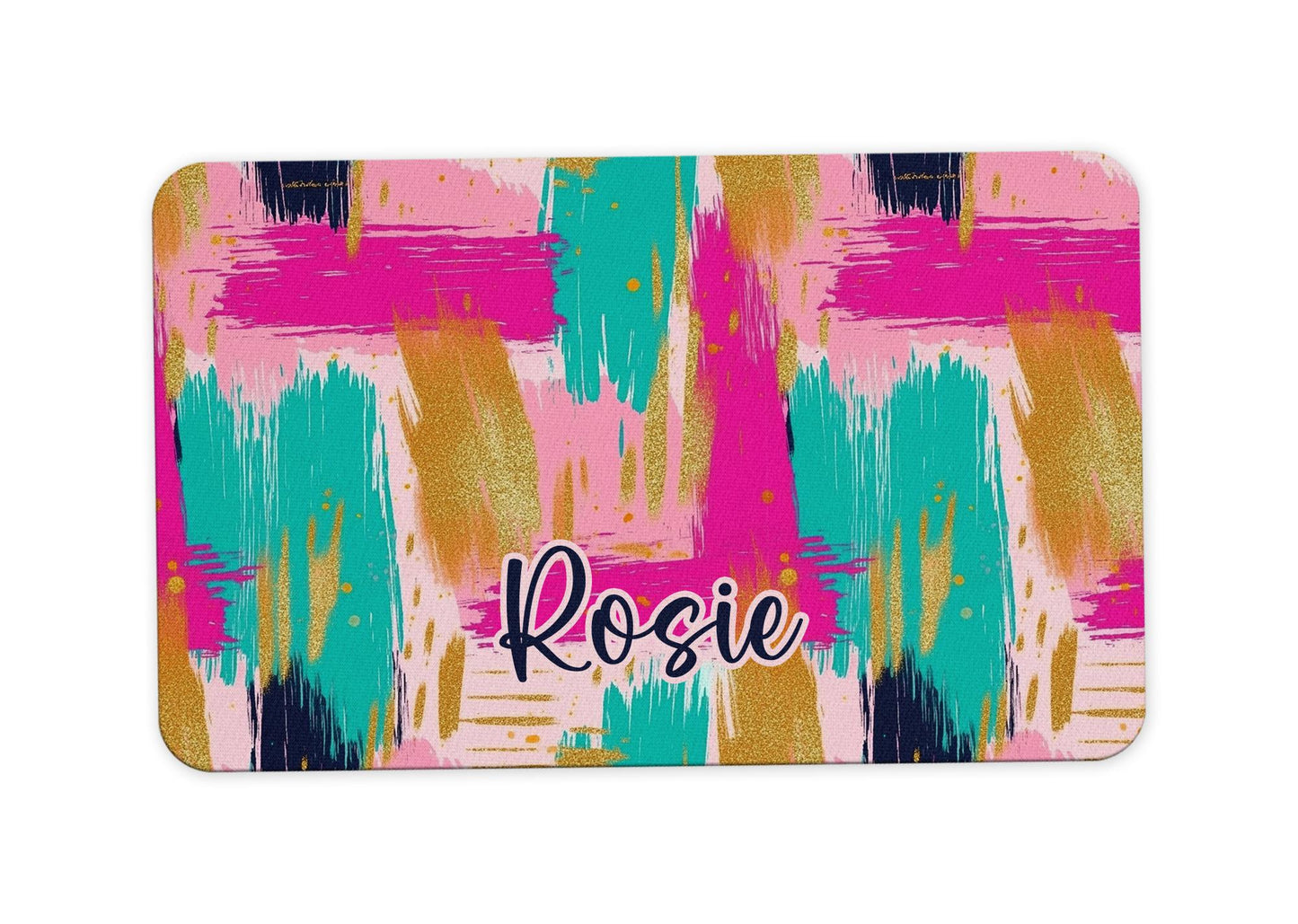 Personalized Pet Food Mat in Pink, Teal and Gold Pet Mats