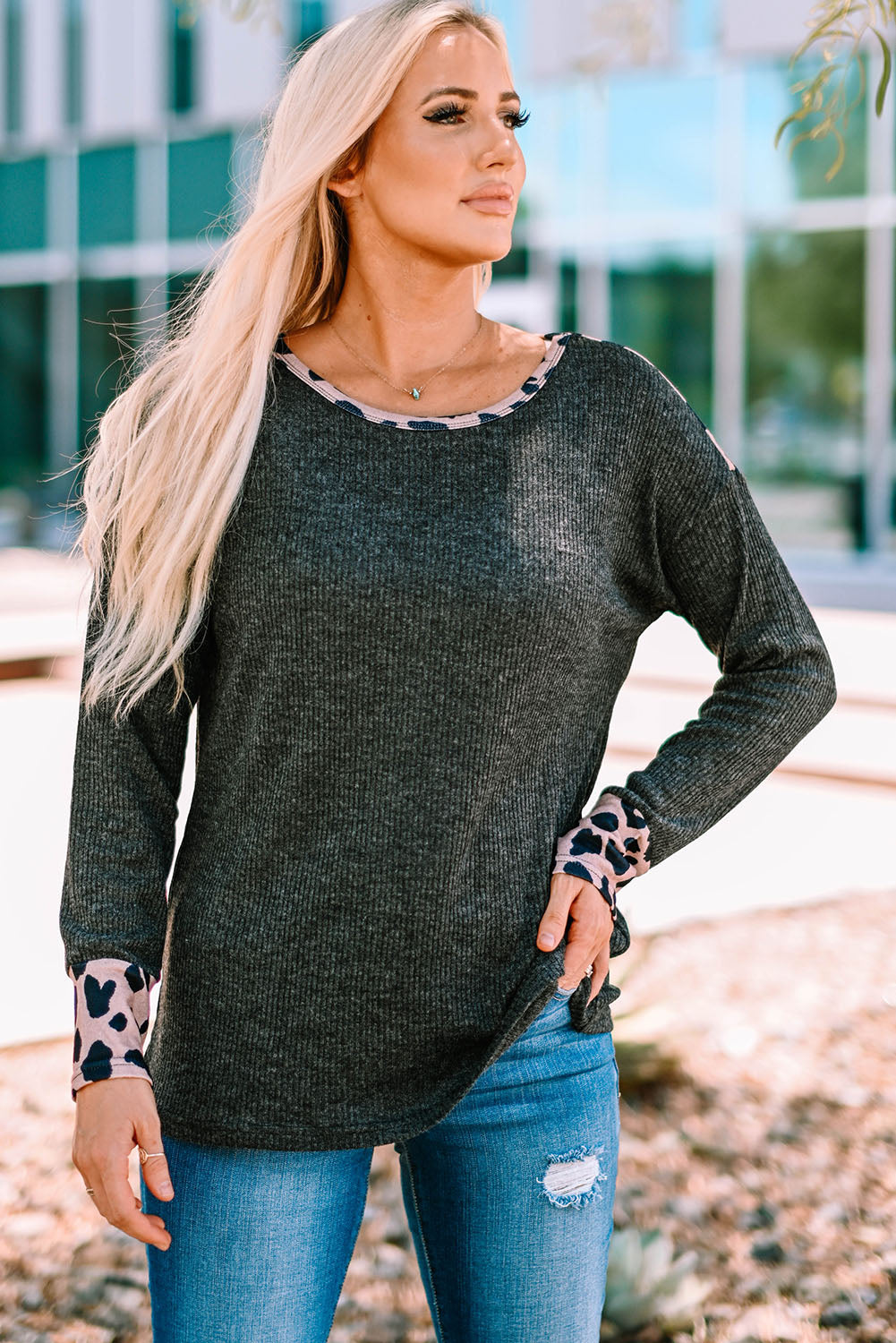 Women's Gray Leopard Round Neck Ribbed Top