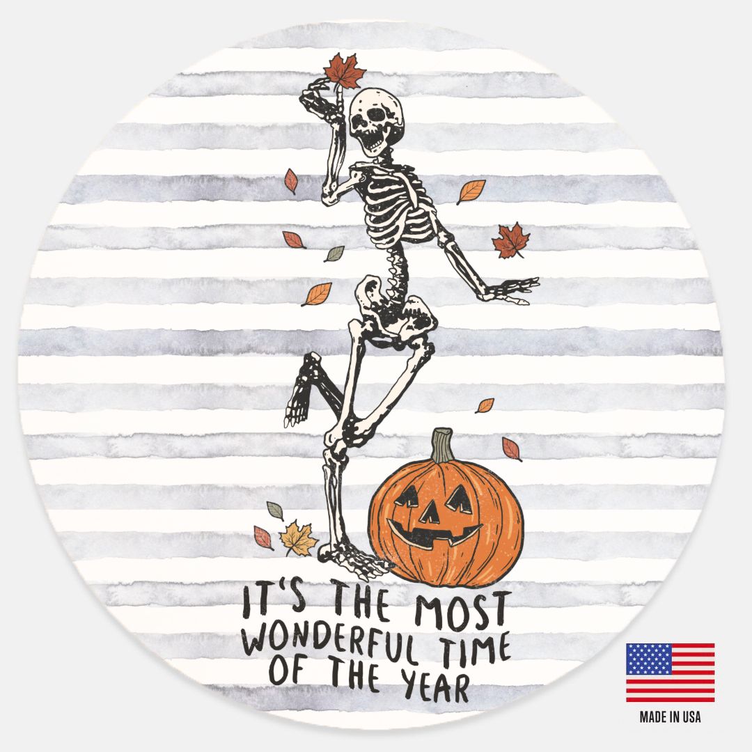 Halloween Round Wood Sign, Pumpkin Door Hanger, Skeleton Decor, Wreath for front Door, Fall Door Hanger, Housewarming Gift