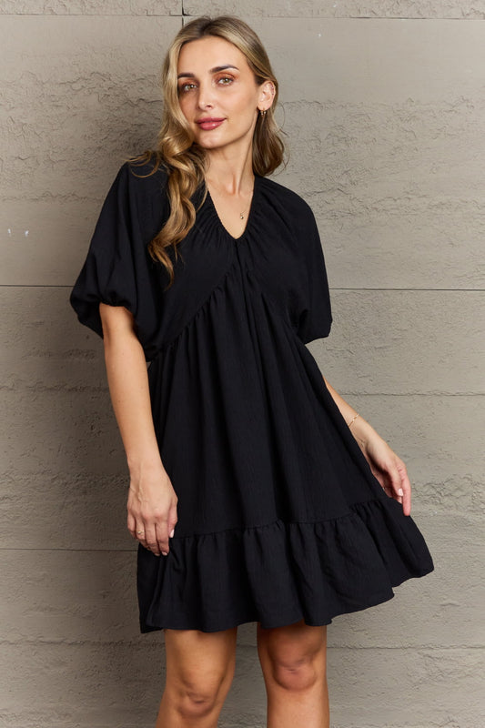 Hailey & Co Comfort Cutie Double V-Neck Puff Sleeve Mini Dress - Premium  - Just $49! Shop now at Nine Thirty Nine Design