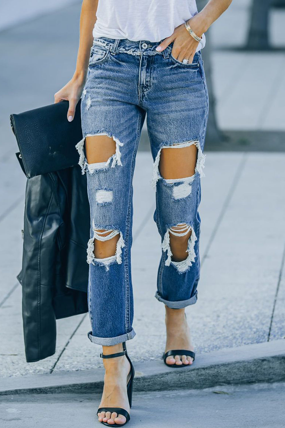 Distressed Frayed Trim Straight Leg Jeans - Premium Jeans - Just $54! Shop now at Nine Thirty Nine Design