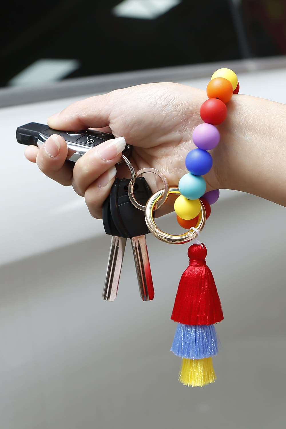 Silica Gel Bead Wristlet Keychain with Layered Tassels Key Chains