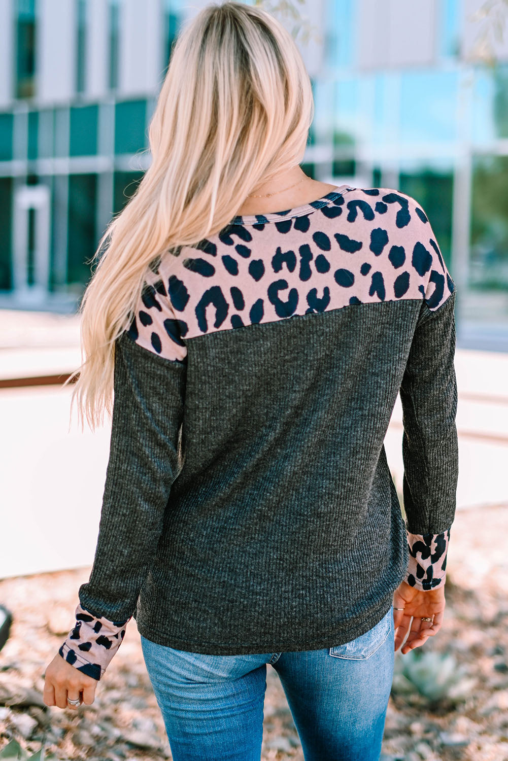 Women's Leopard Round Neck Ribbed Top