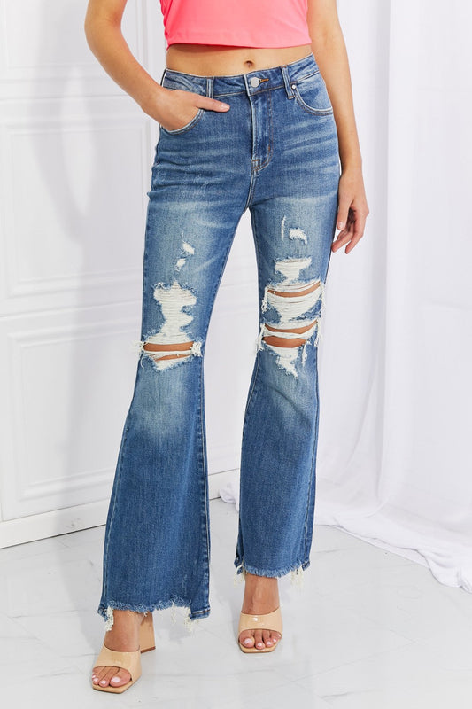 RISEN Full Size Hazel High Rise Distressed Flare Jeans - Premium  - Just $65! Shop now at Nine Thirty Nine Design