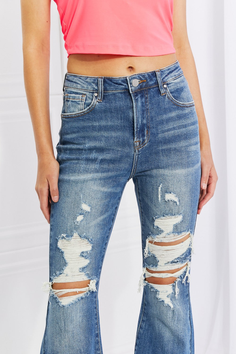 RISEN Full Size Hazel High Rise Distressed Flare Jeans - Premium  - Just $65! Shop now at Nine Thirty Nine Design