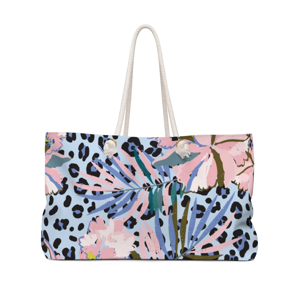 Custom Weekender Bag Women, Personalized Tote, Blue Floral Leopard Tote, Bride Bag, Carry On Bag, Gift for Her, Leopard Beach Bag - Premium Bags - Just $34.50! Shop now at Nine Thirty Nine Design