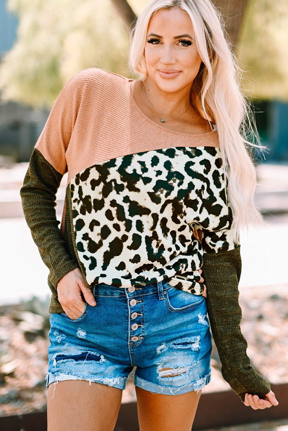 Leopard Color Block Ribbed Round Neck Top