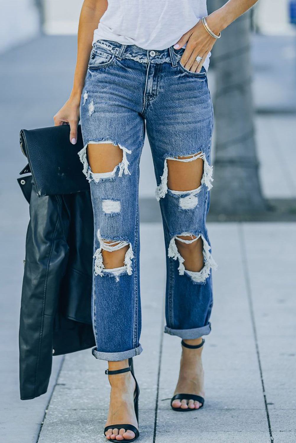 Distressed Frayed Trim Straight Leg Jeans - Premium Jeans - Just $54! Shop now at Nine Thirty Nine Design