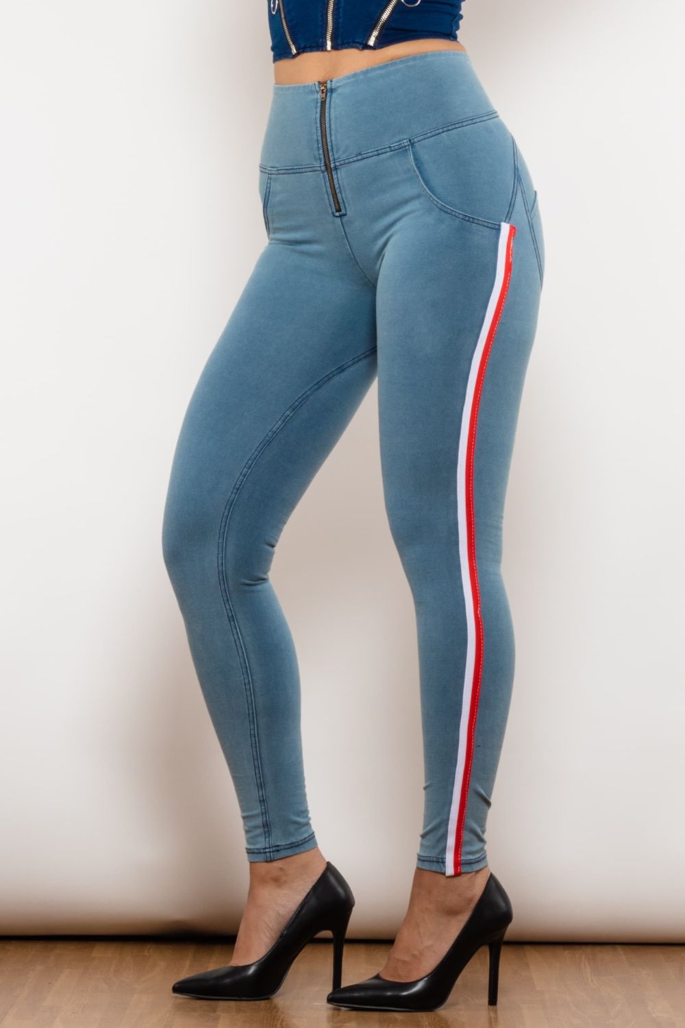 Side Stripe Contrast Zip Closure Skinny Jeans - Premium  - Just $56! Shop now at Nine Thirty Nine Design