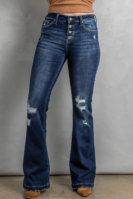 Button Fly Distressed Bootcut Jeans - Premium Jeans - Just $53! Shop now at Nine Thirty Nine Design