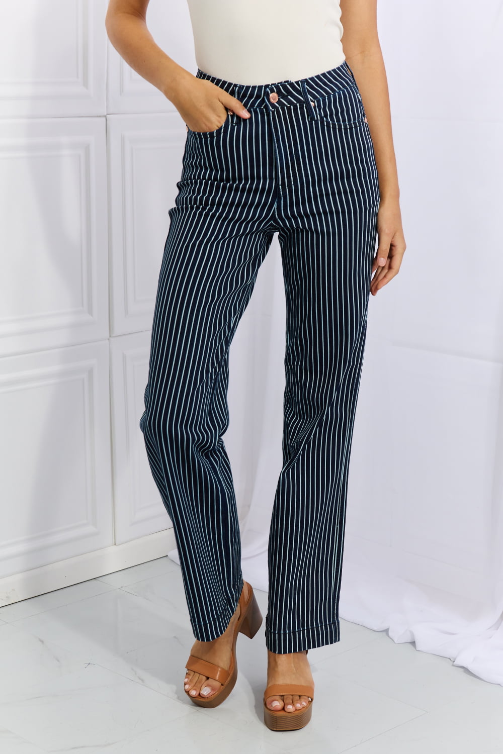 Judy Blue Cassidy Full Size High Waisted Tummy Control Striped Straight Jeans Pants