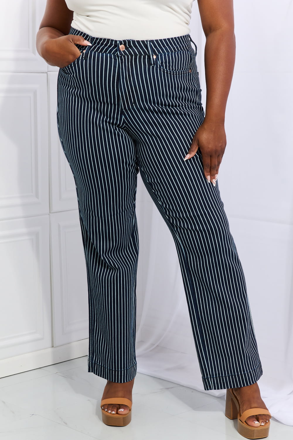 Judy Blue Cassidy Full Size High Waisted Tummy Control Striped Straight Jeans Pants