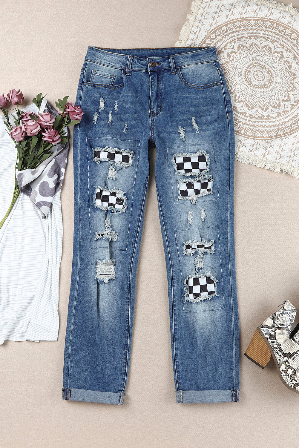 Baeful Checkered Patchwork Mid Waist Distressed Jeans - Premium Jeans - Just $53! Shop now at Nine Thirty Nine Design