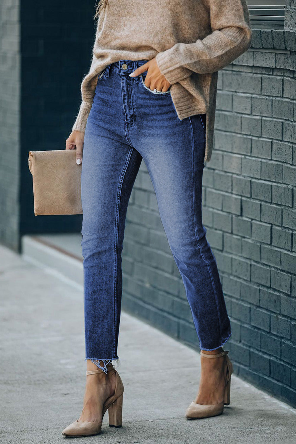 High Waist Raw Hem Skinny Jeans - Premium Jeans - Just $40! Shop now at Nine Thirty Nine Design