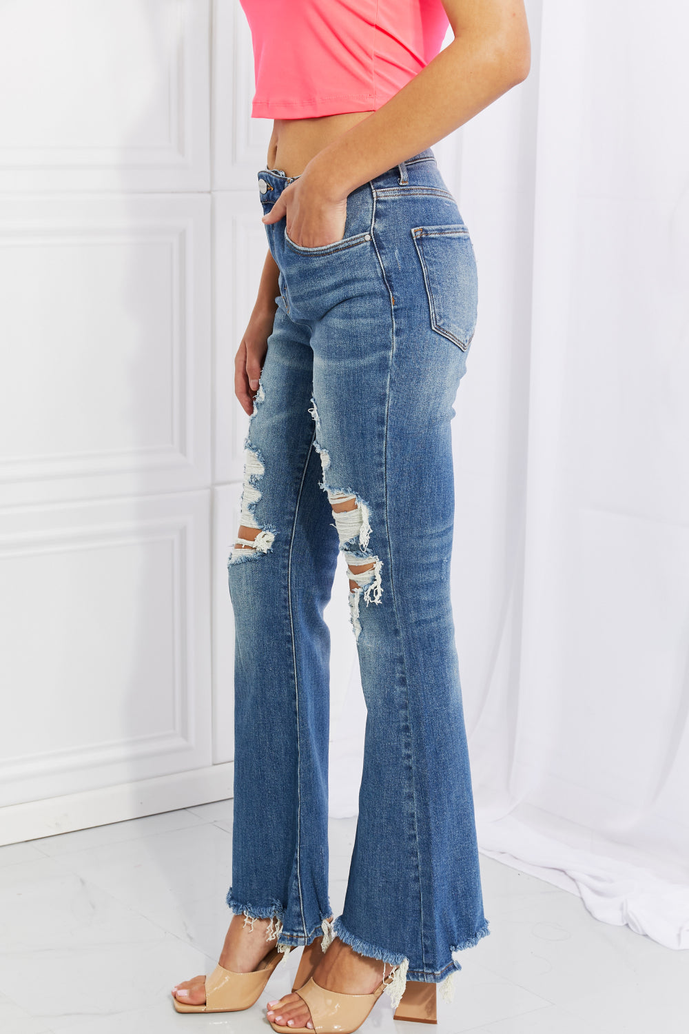 RISEN Full Size Hazel High Rise Distressed Flare Jeans - Premium  - Just $65! Shop now at Nine Thirty Nine Design