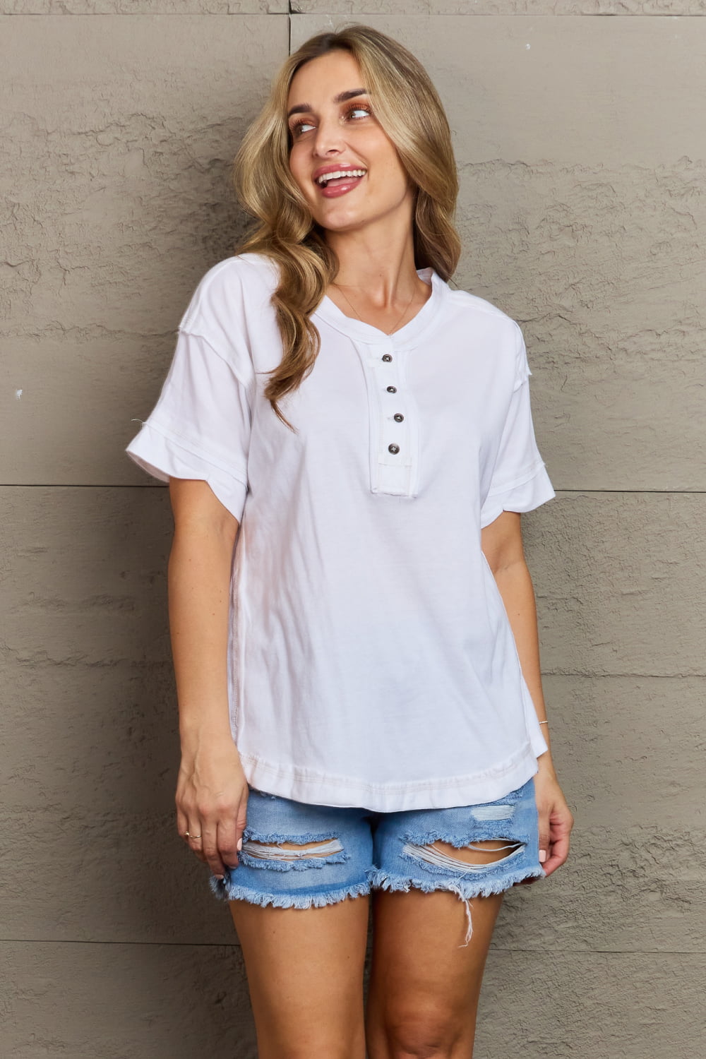 Zenana Easy Thinking Raw Edge Button Detail Top - Premium Short Sleeve Tops - Just $26! Shop now at Nine Thirty Nine Design