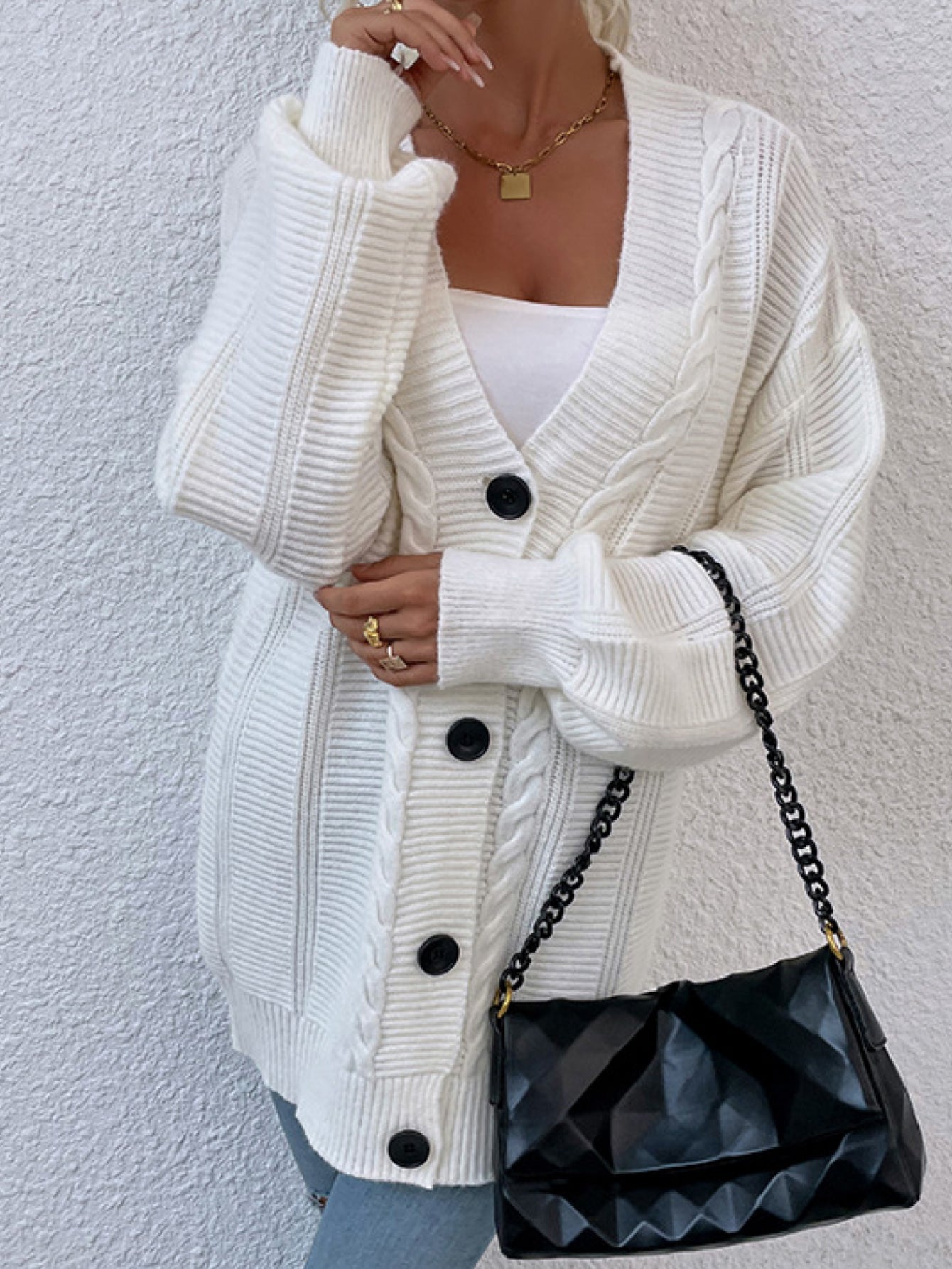 Chunky Cable-Knit Button Down Ribbed Trim Cardigan
