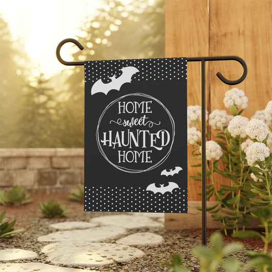 Home Sweet Haunted Home Garden Flag in Black and White with Flying Bats