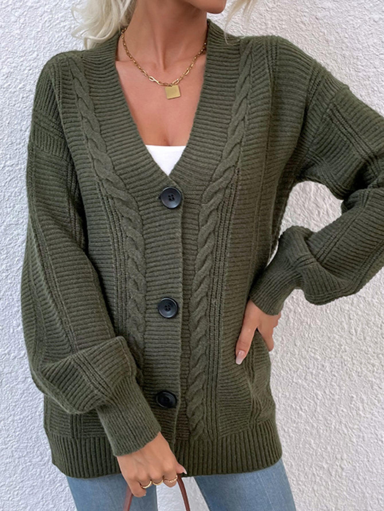 Green Chunky Cable-Knit Button Down Ribbed Trim Card