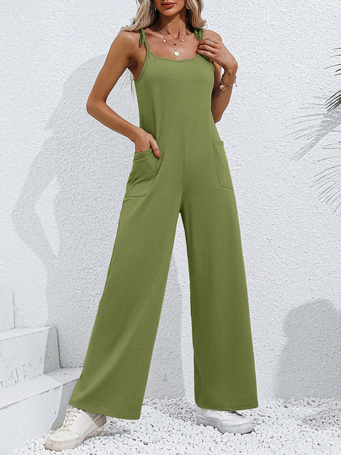 Tie-Shoulder Wide Leg Jumpsuit with Pockets - Premium Pants - Just $26! Shop now at Nine Thirty Nine Design